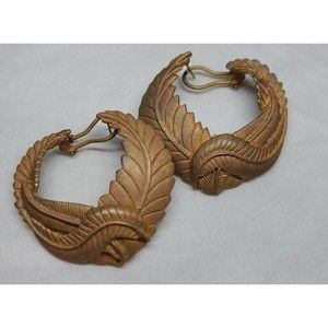 Clara Studios Earrings Brushed Gold Hoops Feathers Marked Clara 1982